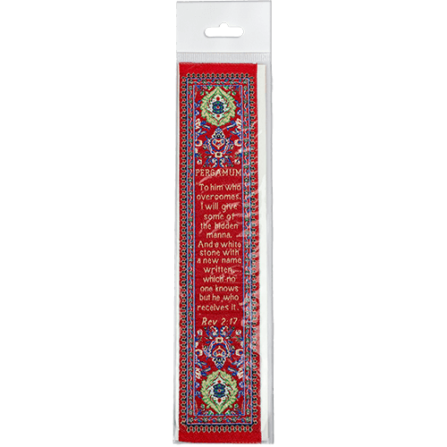 Woven Fabric Christian Bookmark: Pergamum  - Promises of the Seven Churches of Revelations - Revelations 2:17