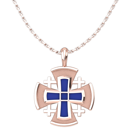 Rose Gold Plated Jerusalem Cross with Blue Enamel Pendant with 18" Sterling Silver Chain