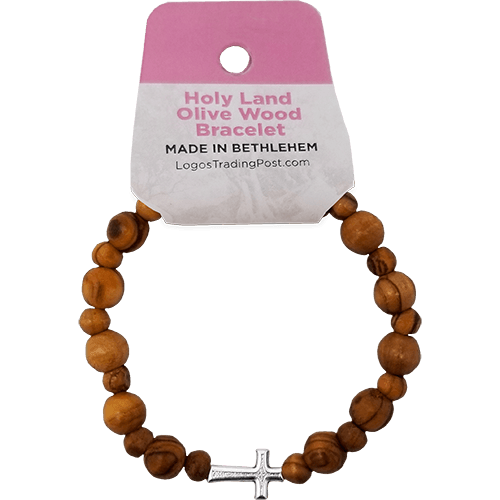 Olive Wood Stretch Bracelet, Beads and Inlet Cross