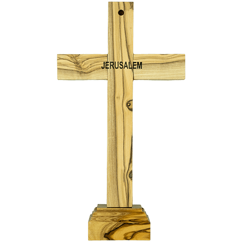 Back of holy land standing or hanging wall cross, imprinted with origin of Jerusalem