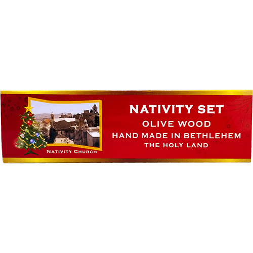 Holy Land 4 Ornament Olive Wood Nativity Set in Box hanging top of box
