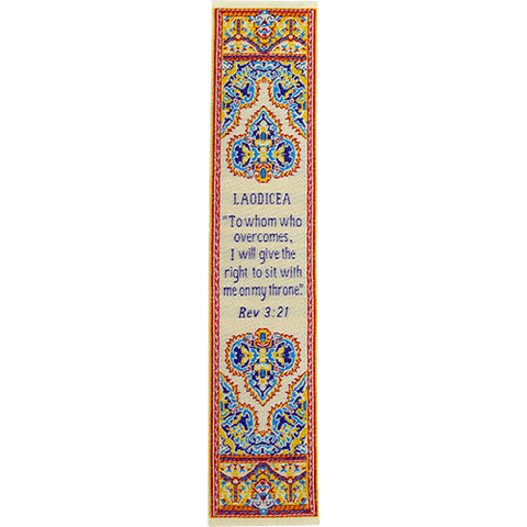 Woven Fabric Christian Bookmark: Laodicea  - Promises of the Seven Churches of Revelations, Revelations 3:21