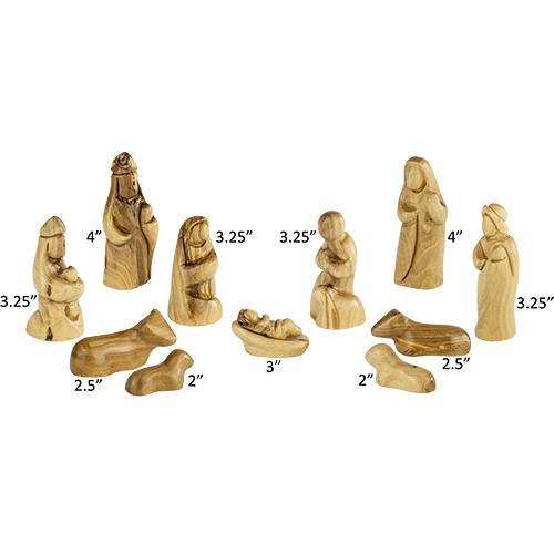 all 12 nativity scene pieces with arrows showing the size of each piece