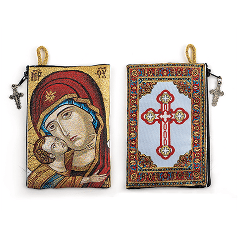 Woven Tapestry Rosary Pouch, Jewelry & Coin Purse - Virgin Mary and Baby Jesus & Antiochian Cross
