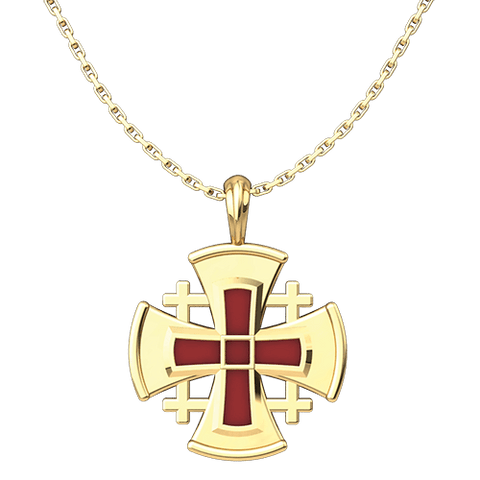 Gold Plated Sterling Silver Jerusalem Cross with Red Enamel Pendant with 18" Sterling Silver Chain