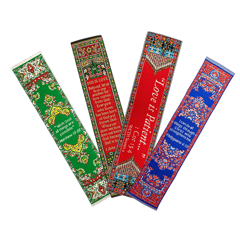 Wedding Encouragement Gift, Themed Assortment of 4 Woven Fabric Bible Verse Bookmarks, Silky Soft & Flexible Religious Bookmarkers for Novels Books & Bibles, Woven Design, Memory Verse Gift