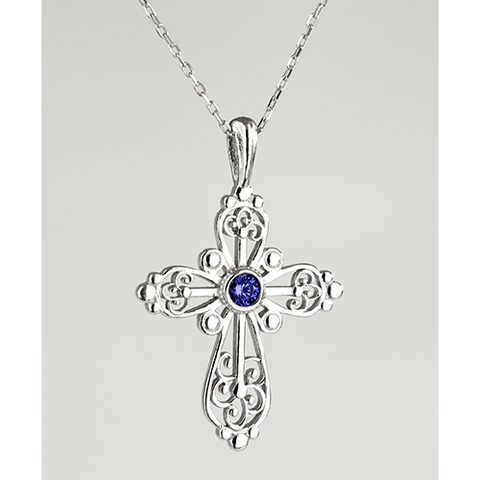 Sterling Silver Filigree Birthstone Cross Necklace - September