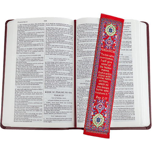 Woven Fabric Christian Bookmark: Pergamum  - Promises of the Seven Churches of Revelations - Revelations 2:17