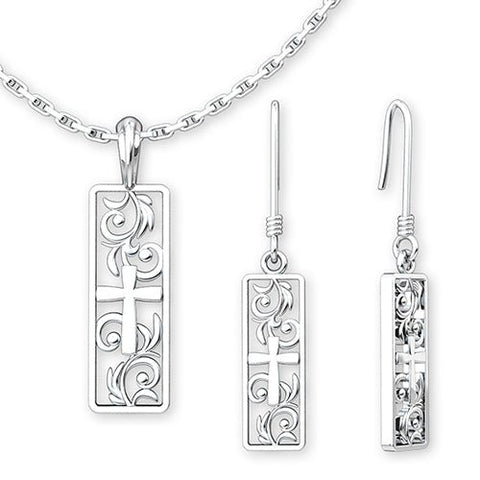 Vineyard Cross Jewelry Set - Sterling Silver Necklace & Earrings