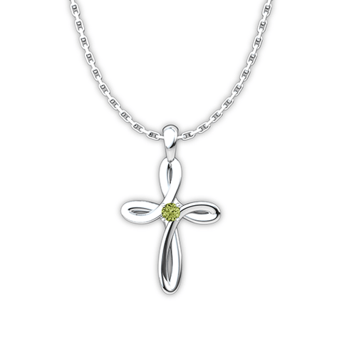 August Peridot Birthstone Swirl Cross Sterling Silver Necklace - With 18" Sterling Silver Chain