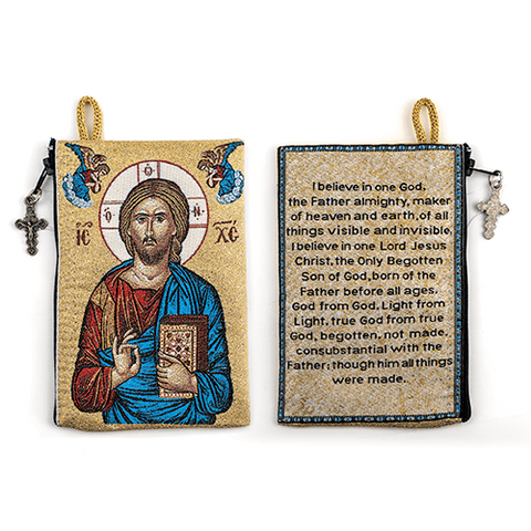 Woven Tapestry Rosary Pouch, Jewelry & Coin Purse - Jesus King of the Universe & I Believe in God Prayer