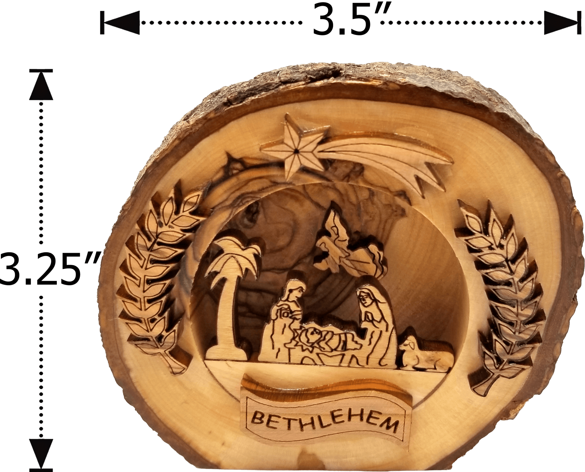 Holy Land Olive Wood Round Nativity with Bark dimensions