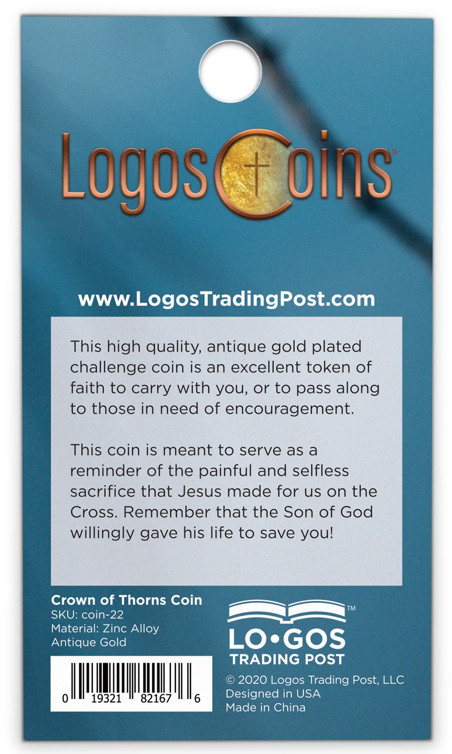 back of Crown of Thorns Antique Gold Plated Challenge Coin packaging