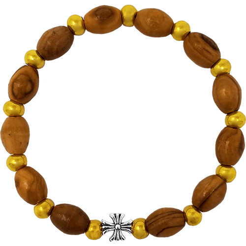 Olive Wood Stretch Bracelet, Golden Beads and Inlet Cross