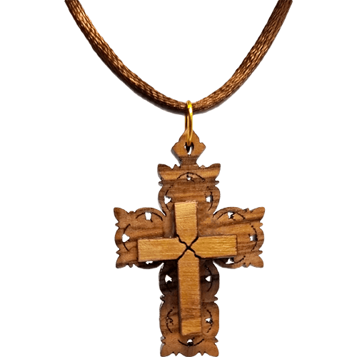 Olive Wood Raised Filigree Cross Necklace