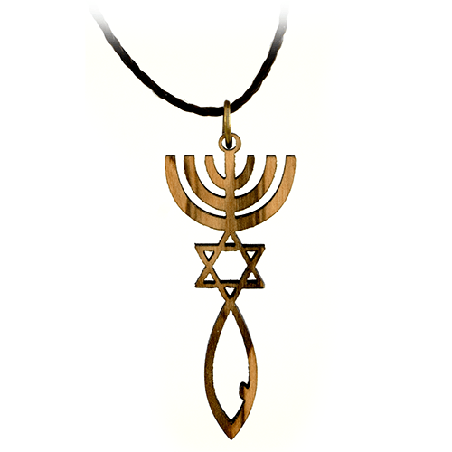 Messianic Olive Wood Necklace - Menorah, Star of David, & Jesus Fish