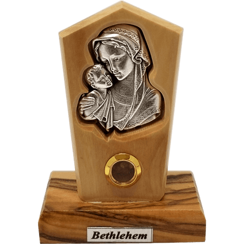 Virgin Mother Mary and Child Silver Plated Icon Olive Wood Stand - Small
