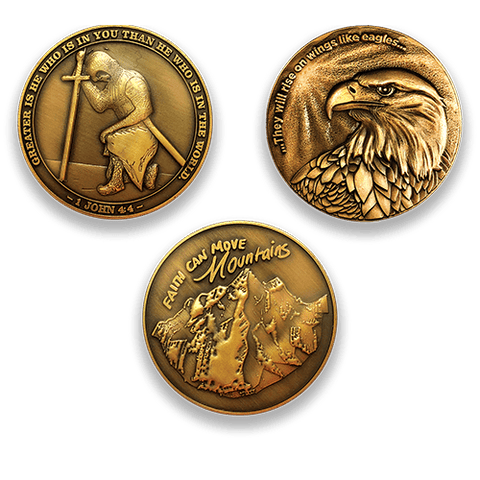 Front of the coins in Assortment 2 - Value Variety Pack of 3 Antique Gold Plated Christian Challenge Coins