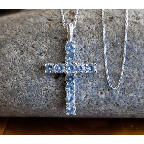 March Aquamarine Antique Birthstone Cross Pendant - With 18" Sterling Silver Chain