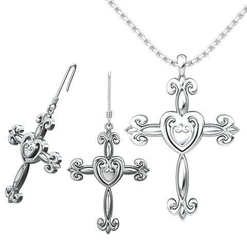 Heart Cross Set: Sterling Silver Pendant and Earrings - Logos Trading Post, Christian Gift