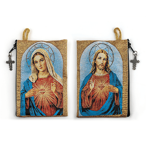 Woven Tapestry Rosary Pouch, Jewelry & Coin Purse - Immaculate Heart of Mary & Sacred Heart of Jesus