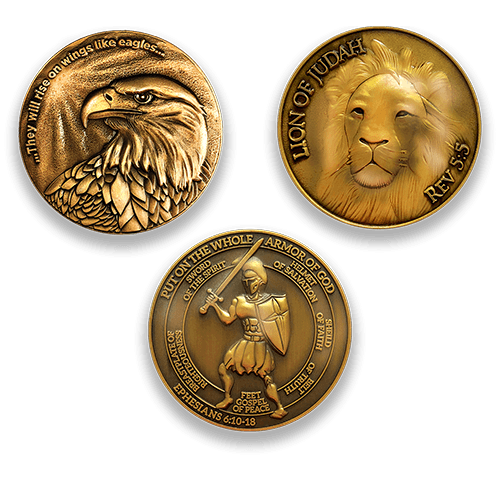 Front of Assortment 1 - Value Variety Pack of 3 Antique Gold Plated Christian Challenge Coins