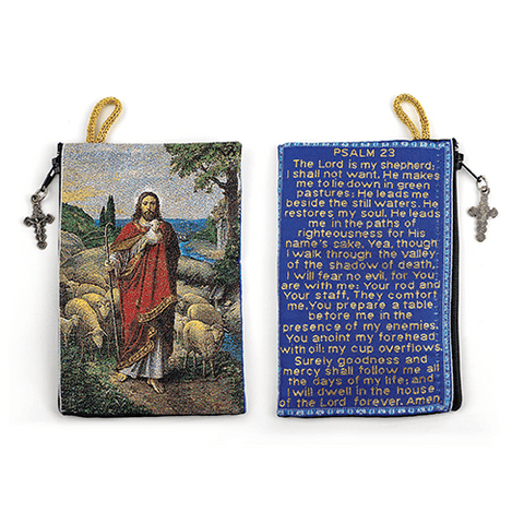Woven Tapestry Rosary Pouch, Jewelry & Coin Purse - Jesus the Good Shepherd & Psalm 23
