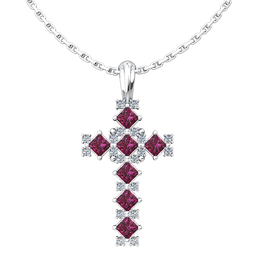 July Ruby Birthstone Cross Pendant - With 18" Sterling Silver Chain