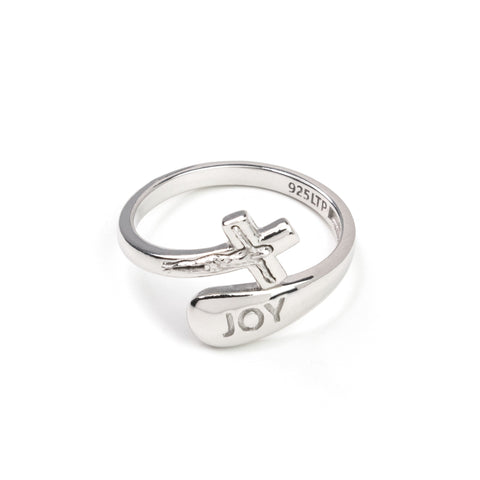 Sterling Silver Wrap Ring - Joy and Crucifix, One Size Fits Most