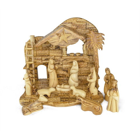 Holy Land Olive Wood Nativity with Large Stable and Large Faceless Figurines