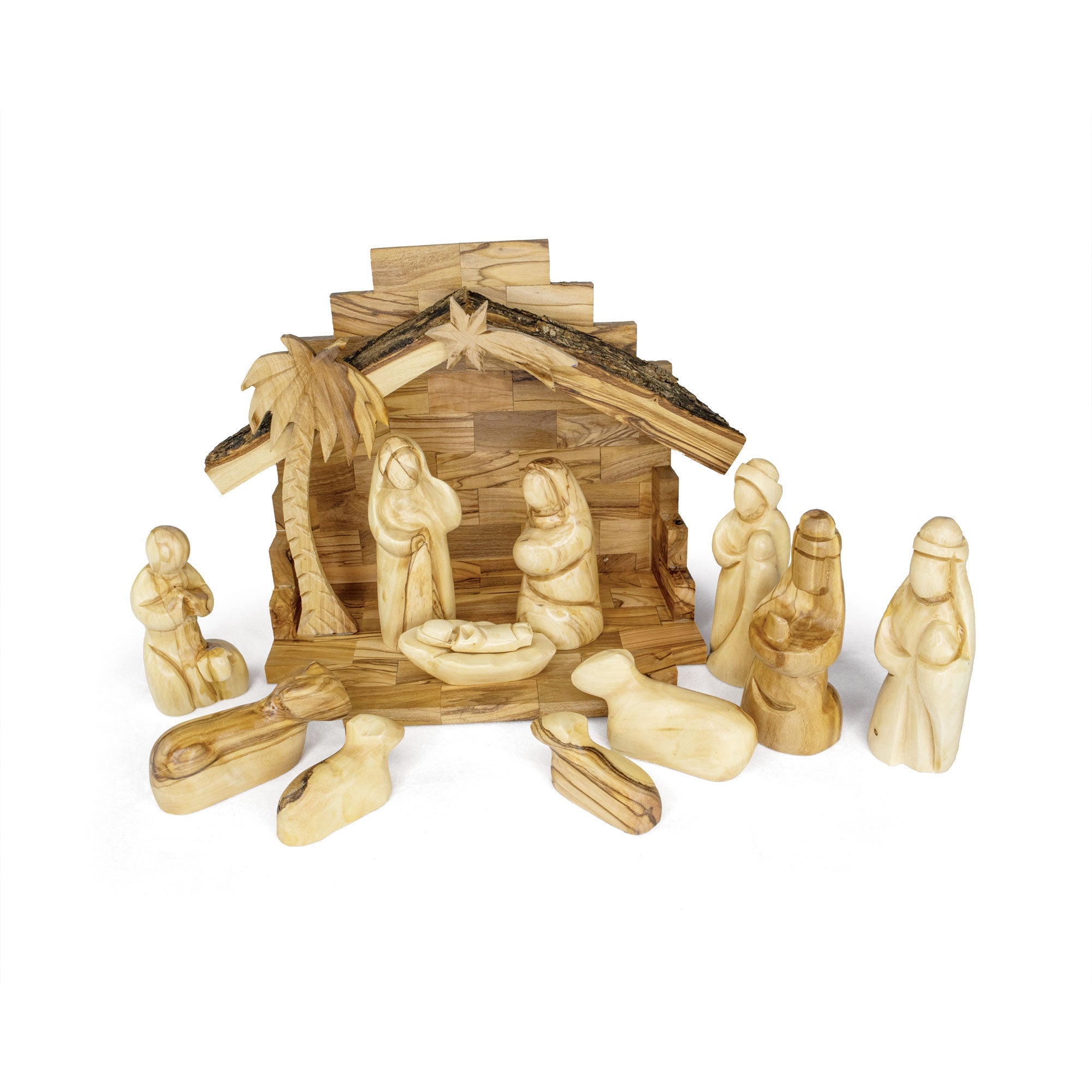 Holy Land Olive Wood Nativity with Small Bark Roof Stable and Small Faceless Figurines