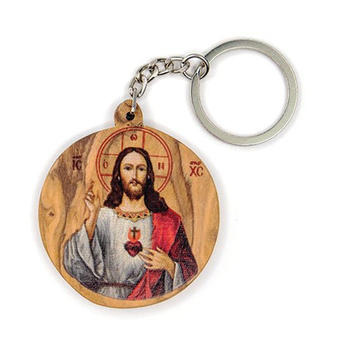 Jesus Christ Sacred Heart, Olive Wood Catholic Keychain