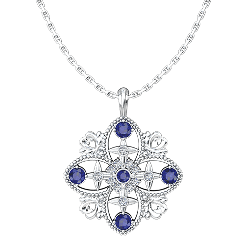 Antique Blue Sapphire September Birthstone Sterling Silver Cross Pendant - With 18" Sterling Silver Chain