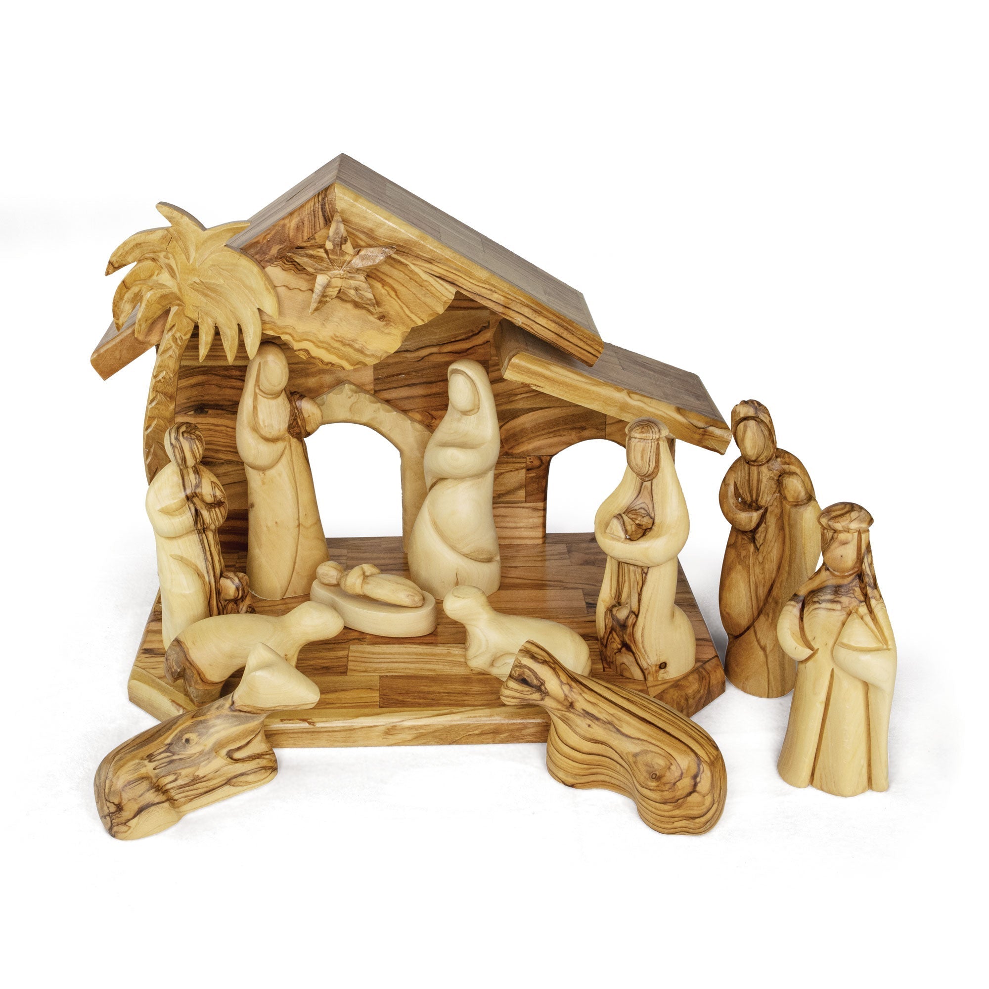 Holy Land Olive Wood Nativity with Medium Stable and Large Faceless Figurines
