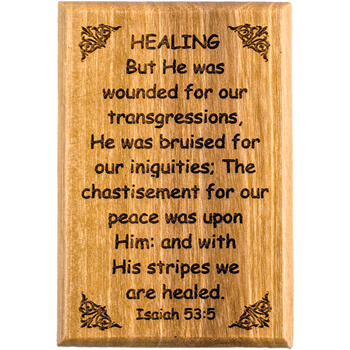 Bible Verse Fridge Magnets, Healing - Isaiah 53:5, 1.6" x 2.5" Olive Wood Religious Motivational Faith Magnets from Israel, Home, Kitchen, & Office, Inspirational Scripture Décor front