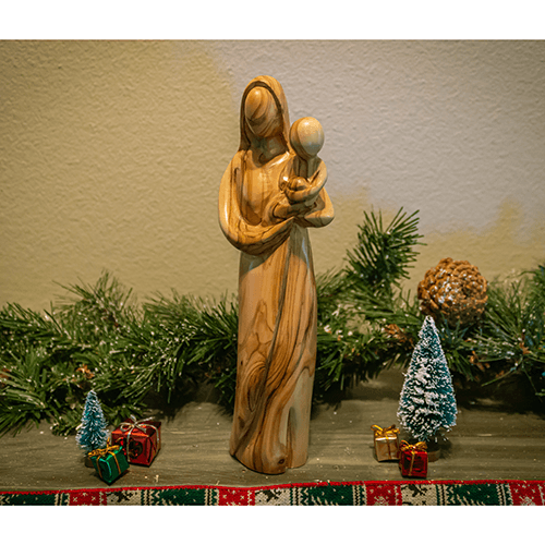 Holy Land Olive Wood Statue - Virgin Mary with Child on a mantle
