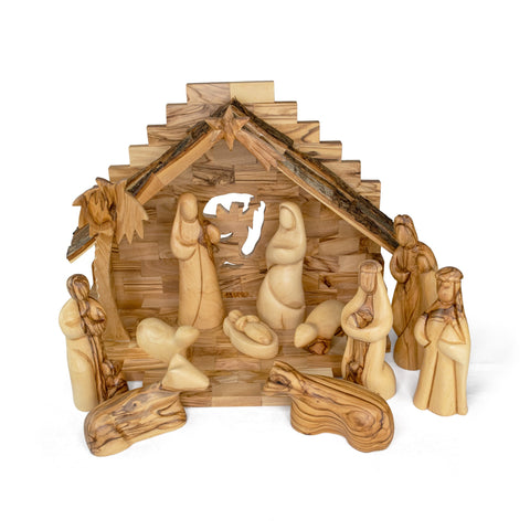 Holy Land Olive Wood Nativity with Large Bark Roof Stable and Large Faceless Figurines