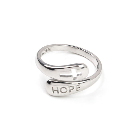 Sterling Silver Wrap Ring - Hope and Cut Out Cross, One Size Fits Most