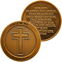 front and back of Follow Me Antique Gold Plated Christian Challenge Coin