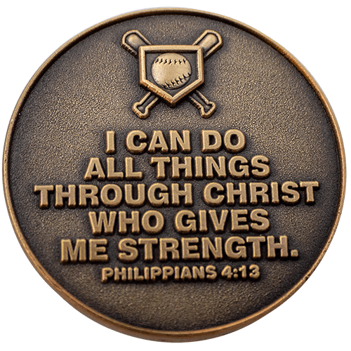 Back: Baseball bats and baseball over home plate, with text, "I can do all things through Christ who gives me strength. Philippians 4:13"