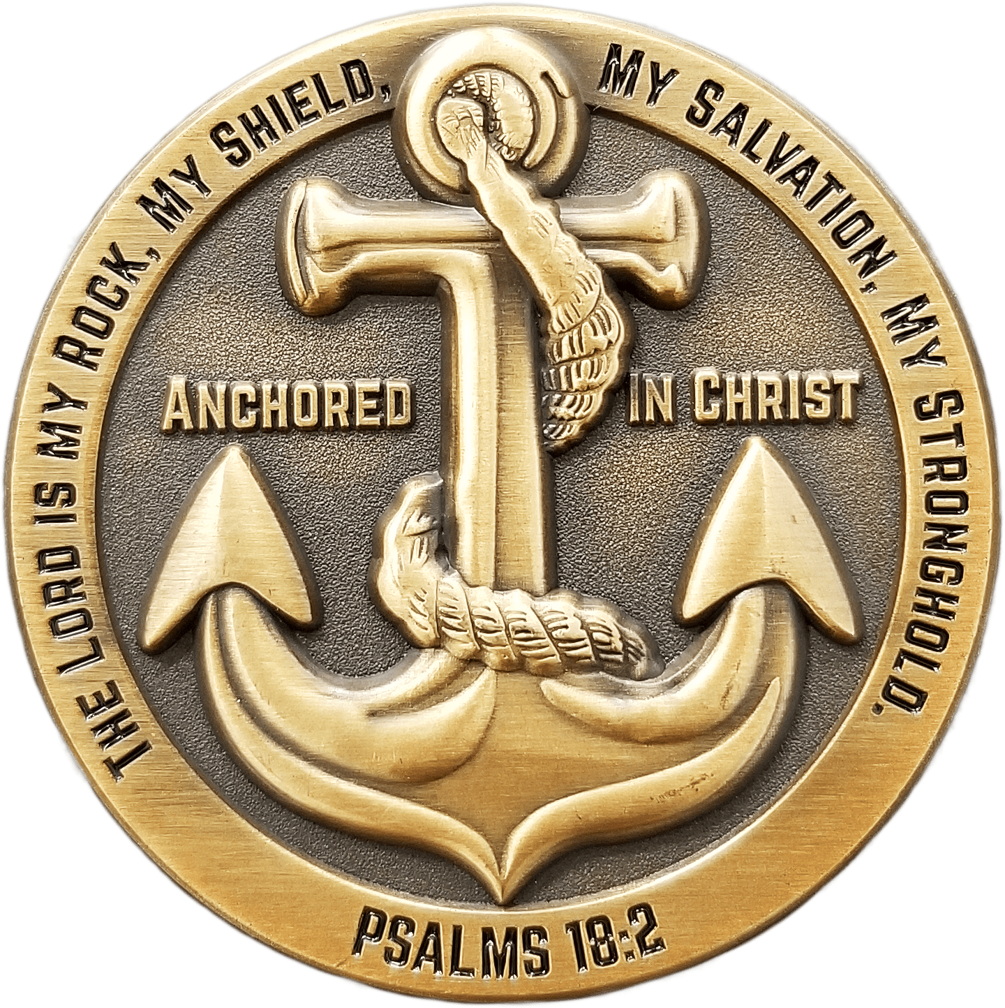 Front: Anchor with text, "Anchored in Christ" / "The Lord is my rock, my shield, my salvation, my stronghold." / "Psalms 18:2"
