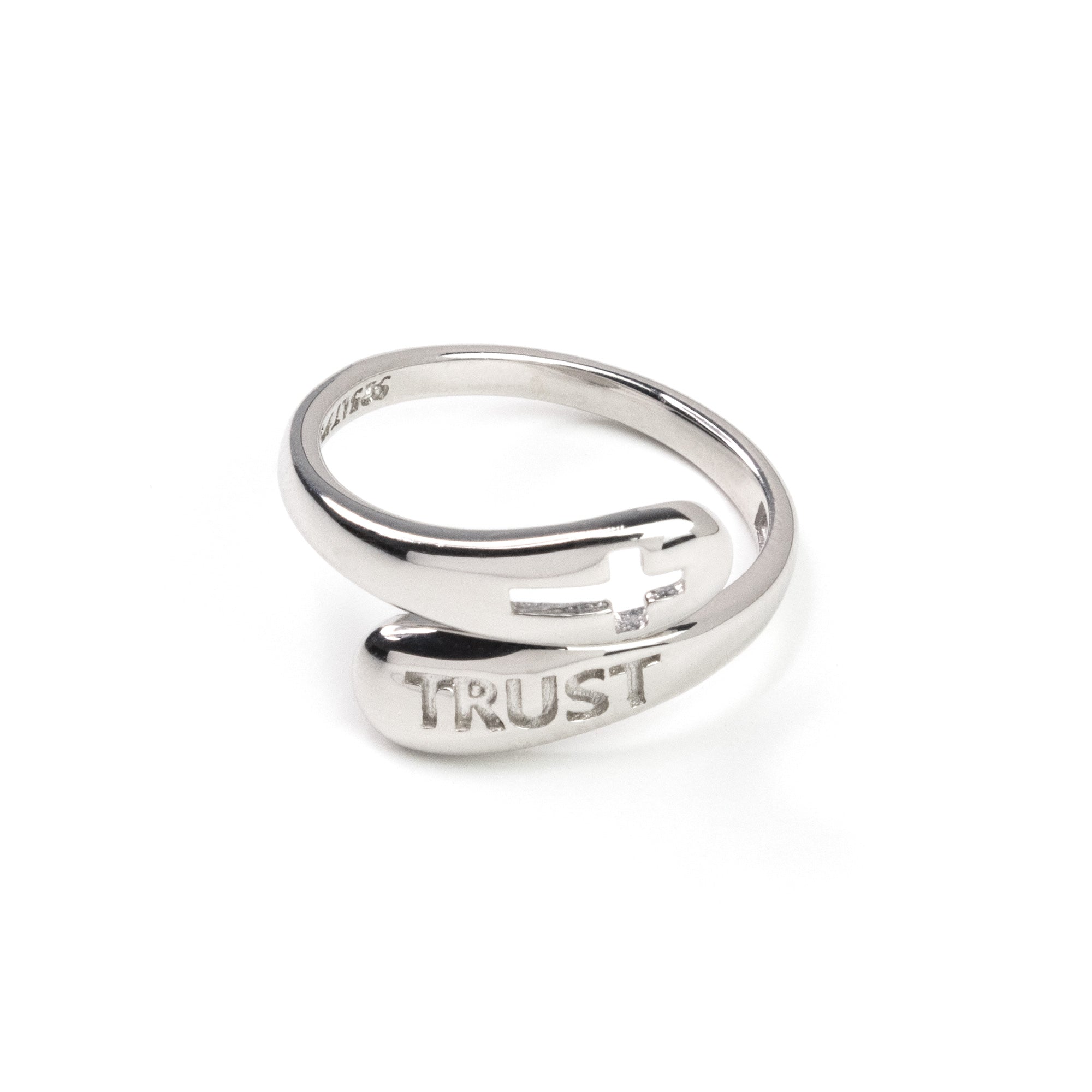 Sterling Silver Wrap Ring - Trust and Cut Out Cross, One Size Fits Most