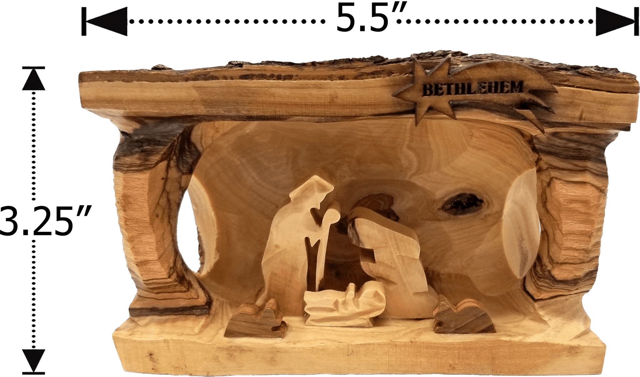 Nativity Grotto Log With Bark 3D Holy Land Olive Wood  - Large- Made in Bethlehem