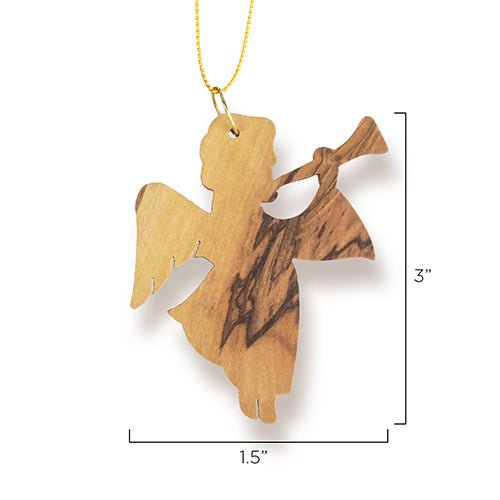 Angel with Trumpet (Vertical) Christmas Ornament, Holy Land Olive Wood