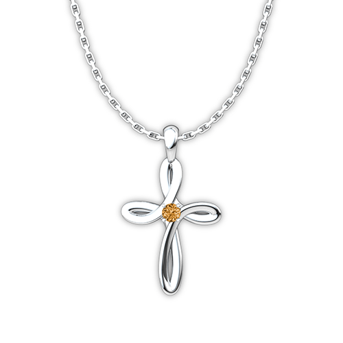 November Citrine Birthstone Swirl Cross Sterling Silver Pendant Necklace - With 18" Sterling Silver Chain