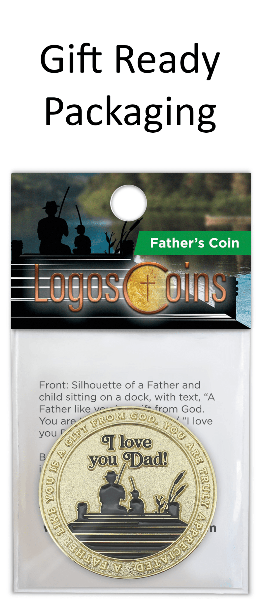 Front of  Father's Appreciation Gold Plated Challenge Coin in packaging