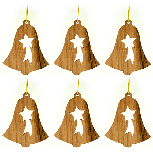 all 6 hanging wooden ornaments - Christmas bell and shooting star