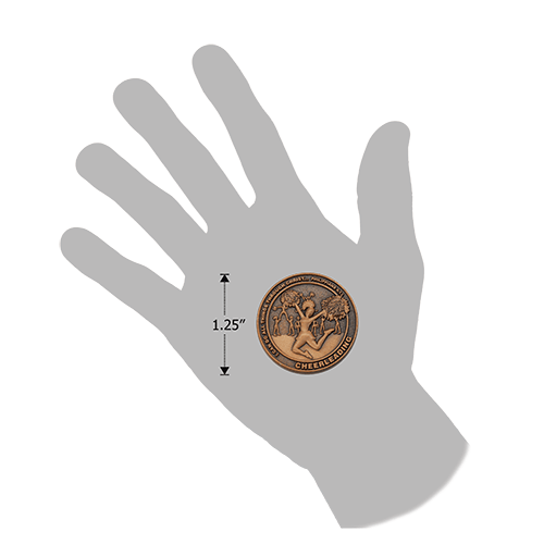 size of Christian cheerleading challenge coin relative to a human hand