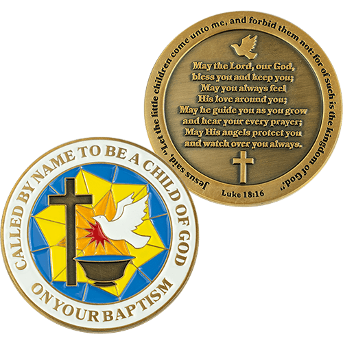 Front and back of Baptismal Antique Gold Plated Challenge Coin