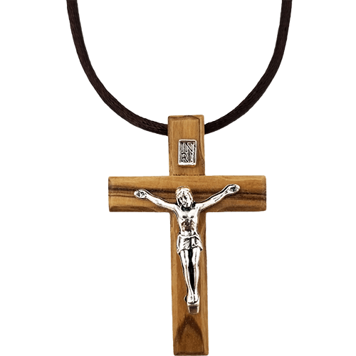 Jesus Crucifix Cross Wood Sterling Silver Pendant